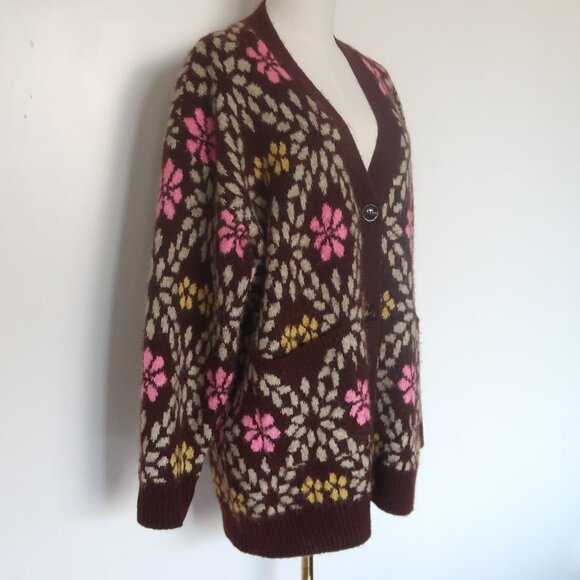 ZARA Oversized Chunky Floral Knit Cardigan Sweater Brown Pink Yellow Size M - Picture 11 of 16